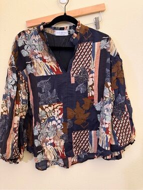Women's Patchwork top in Navy, Brown & Red
